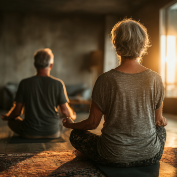 Група възрастни хора практикуват йога на открито